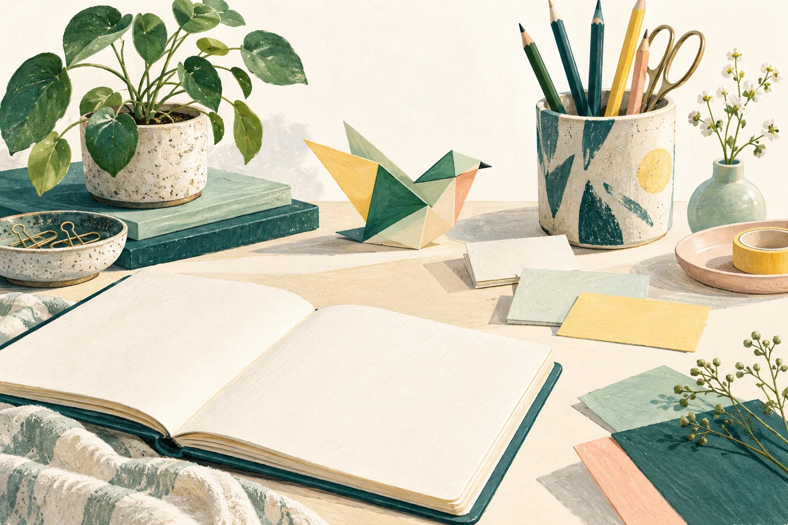An illustrated creative desk with an open notebook, a folded paper bird, and green leaves.