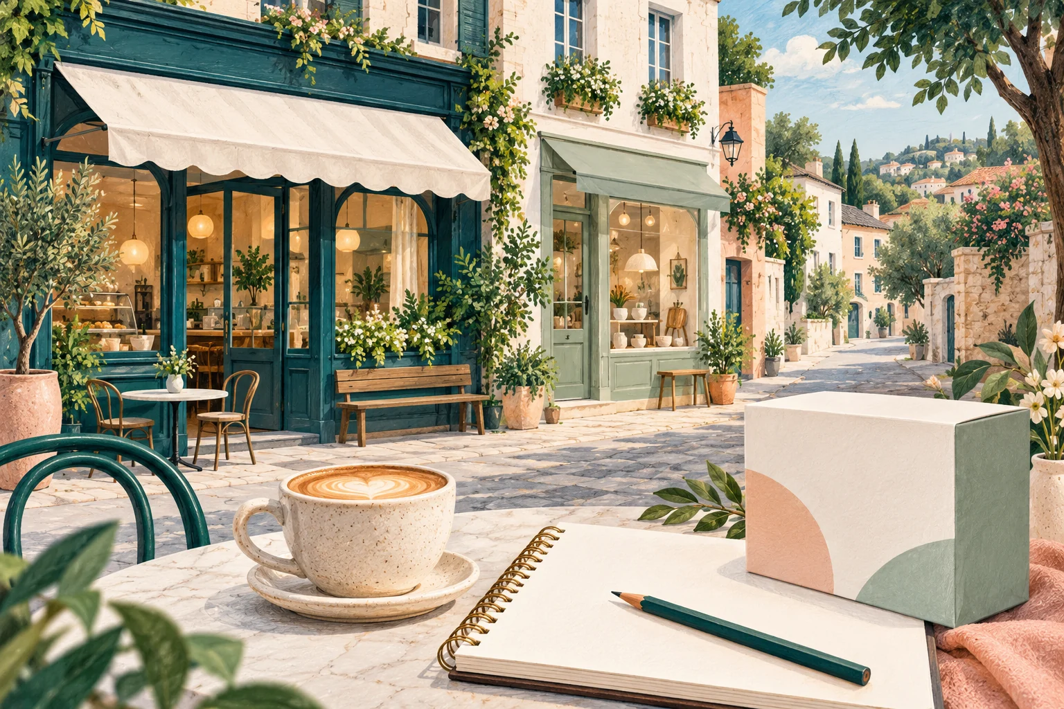 An illustrated independent café and shop, with a cup, plants, and unmarked packaging.