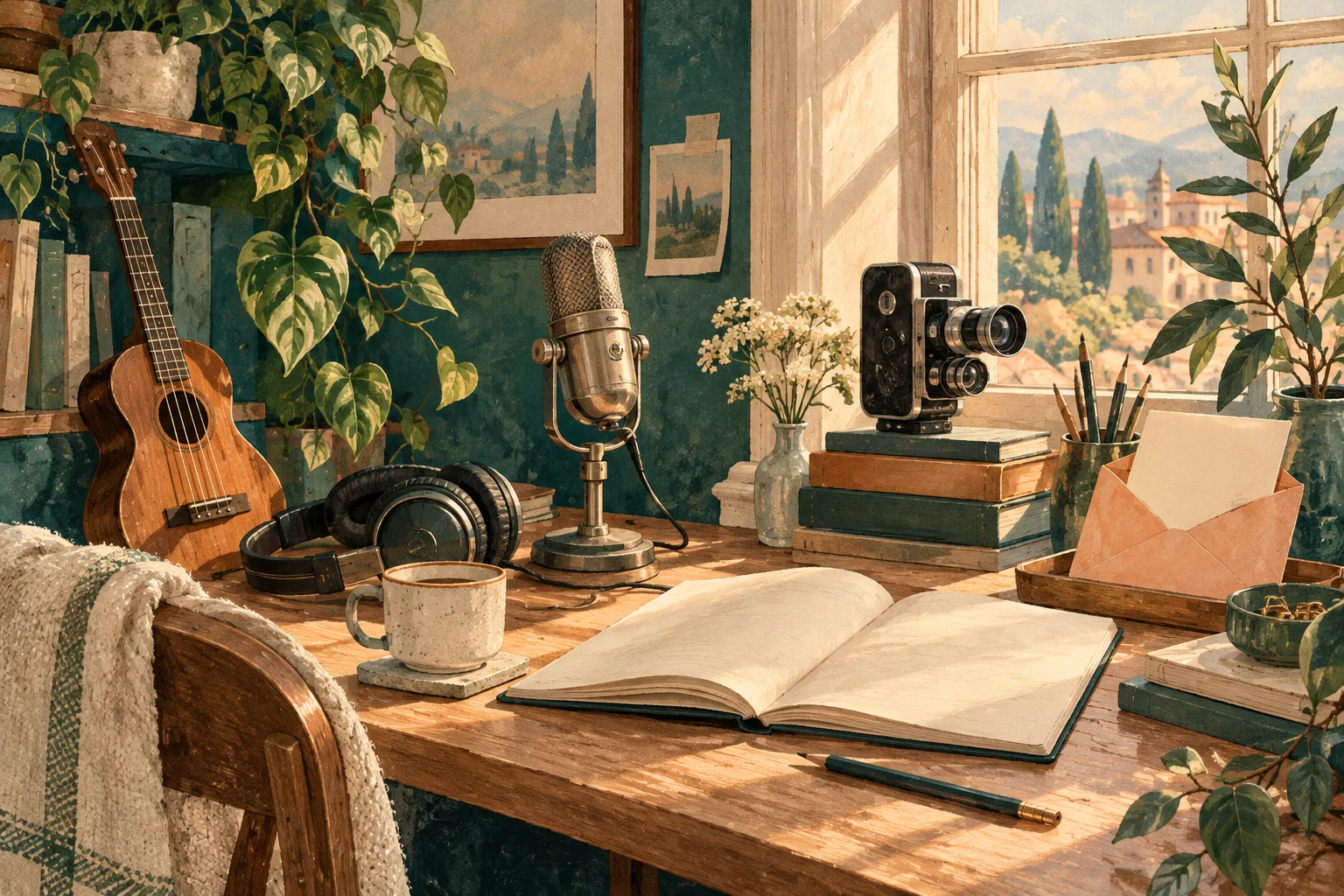 A microphone, guitar, camera, and open book arranged as an illustrated creative workspace.
