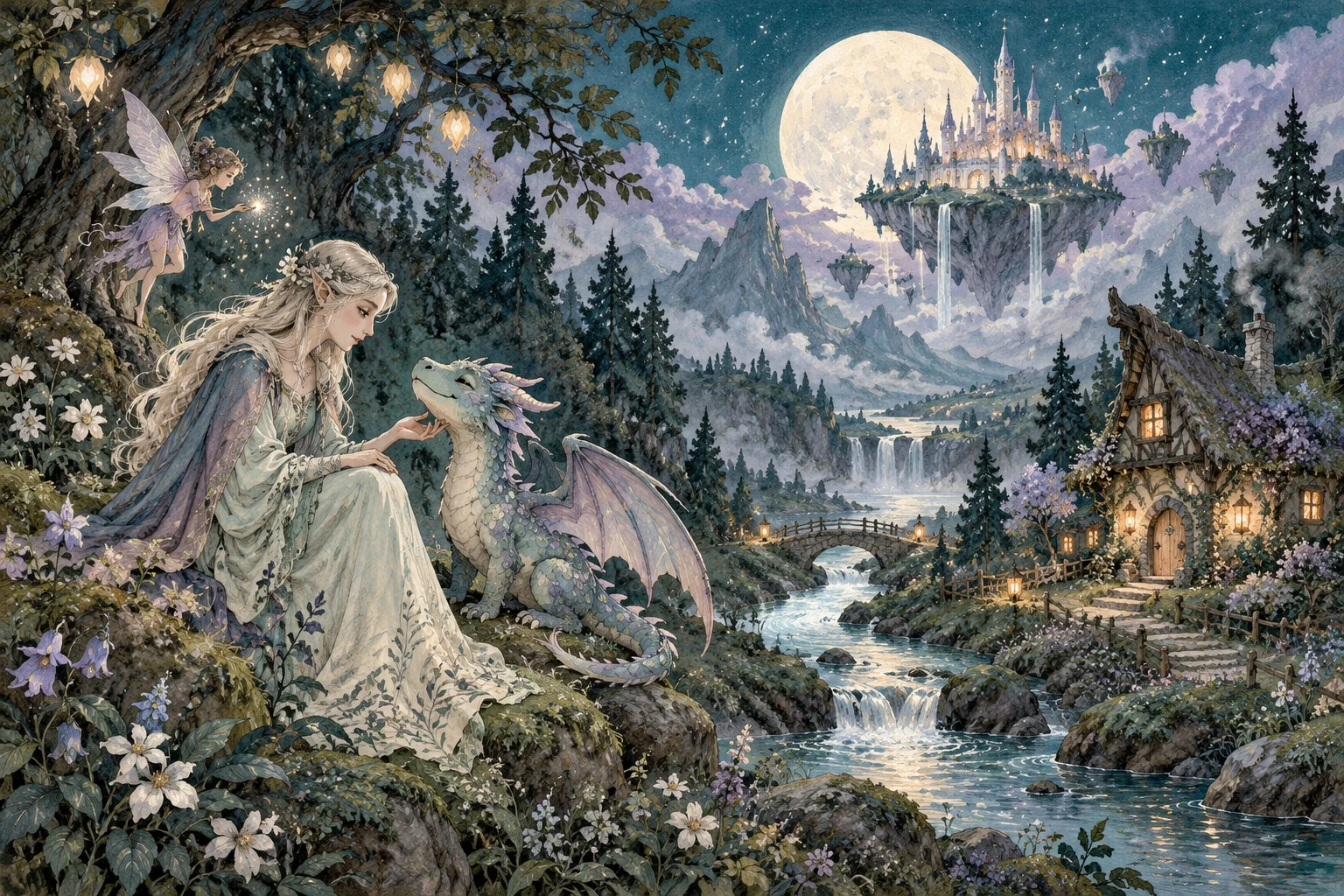 An imagined landscape with an elf, a small dragon, a fairy, and a distant floating kingdom.