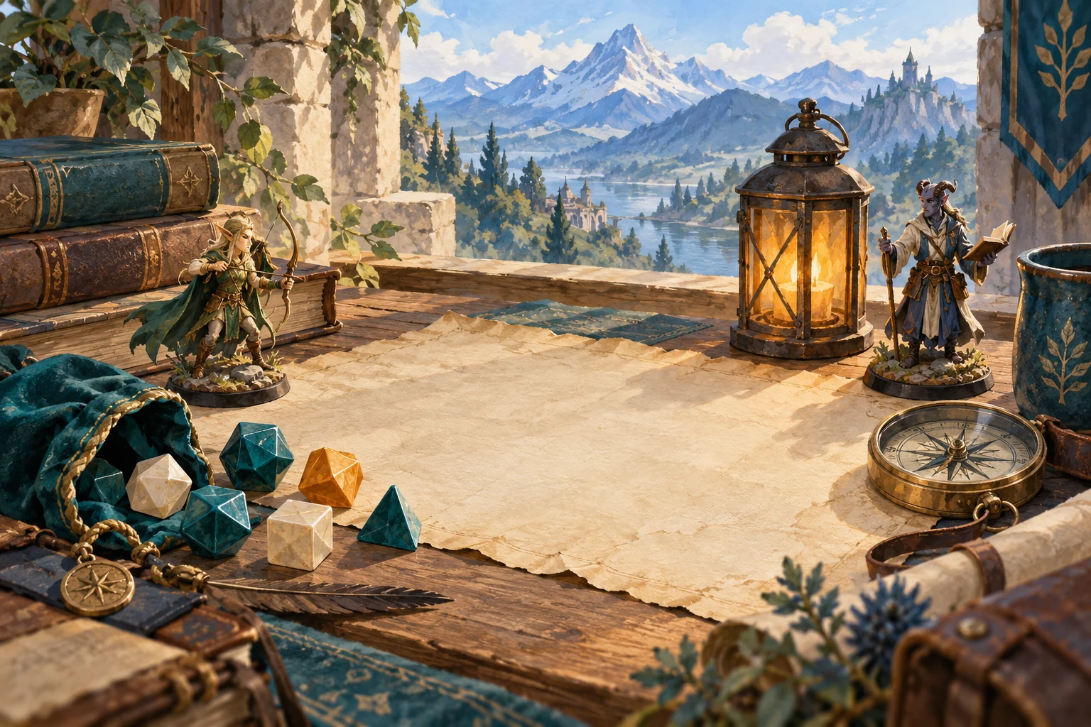 Tabletop roleplaying objects including dice, a lantern, a blank map, and miniature figures.