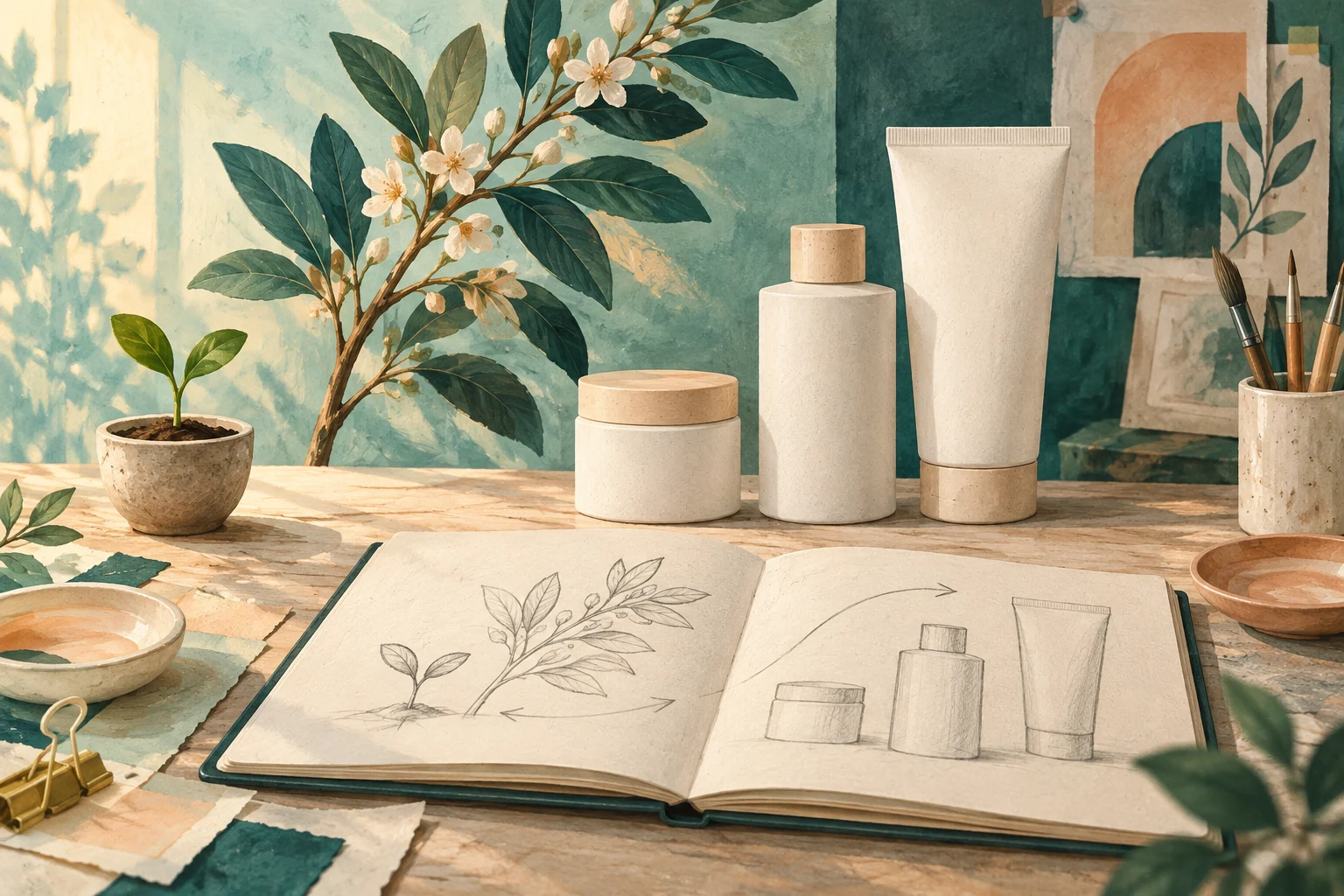 A seedling, flowering branches, blank packages, and a sketchbook illustrate a growing brand identity.