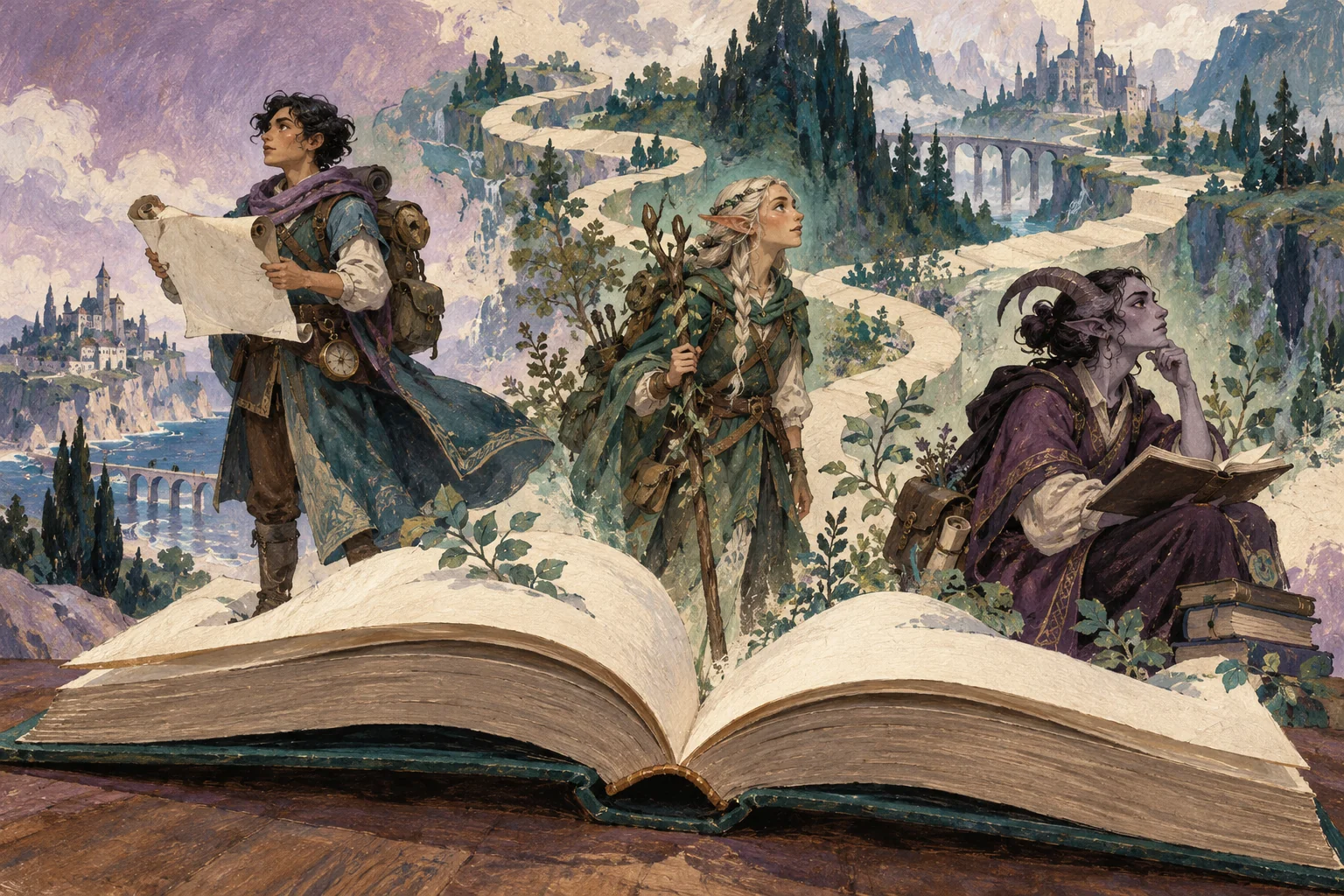 A traveler, an elf, and a horned character emerge from an open storybook toward a distant castle.