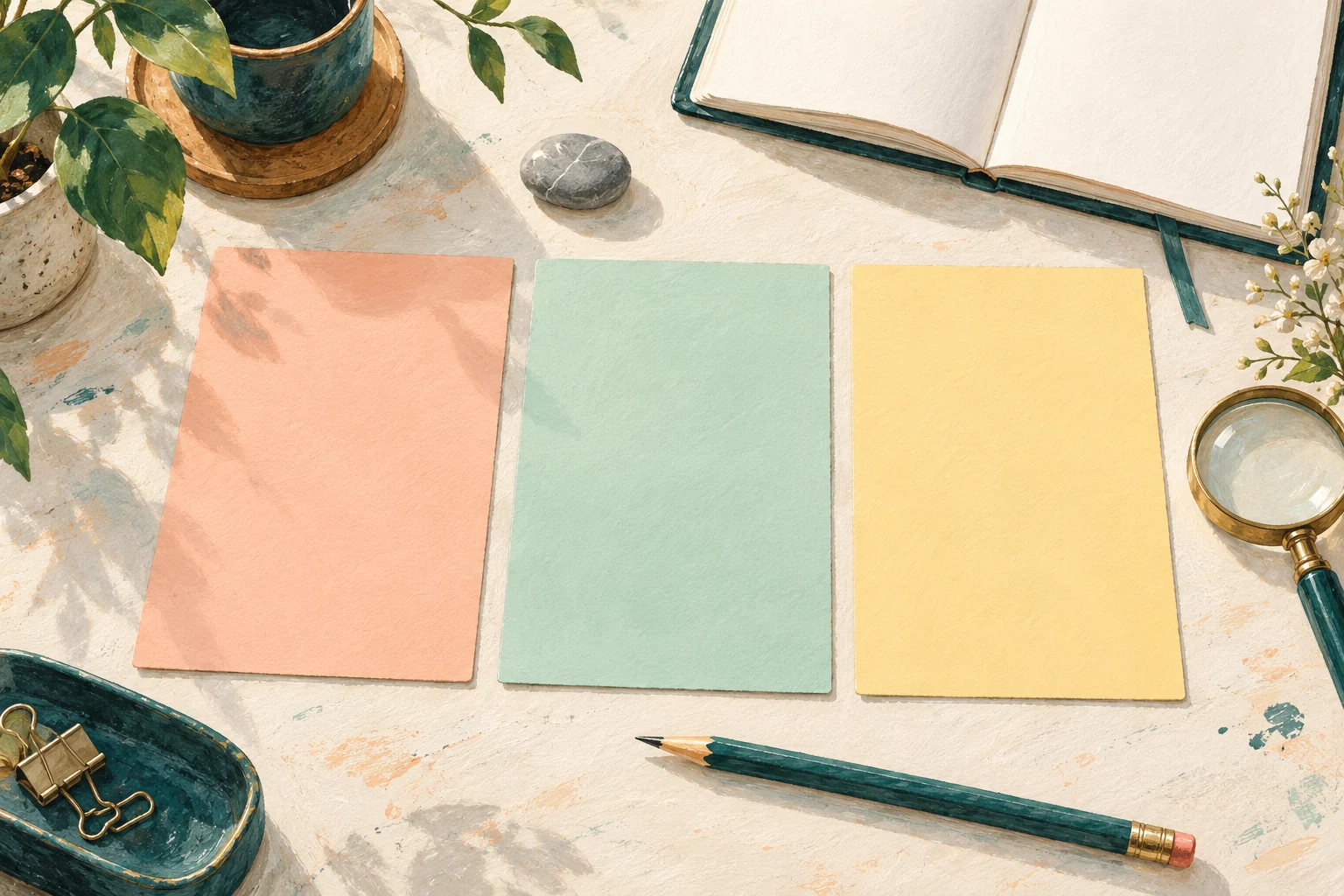 Blank cards arranged on a creative desk to suggest comparing and choosing ideas.