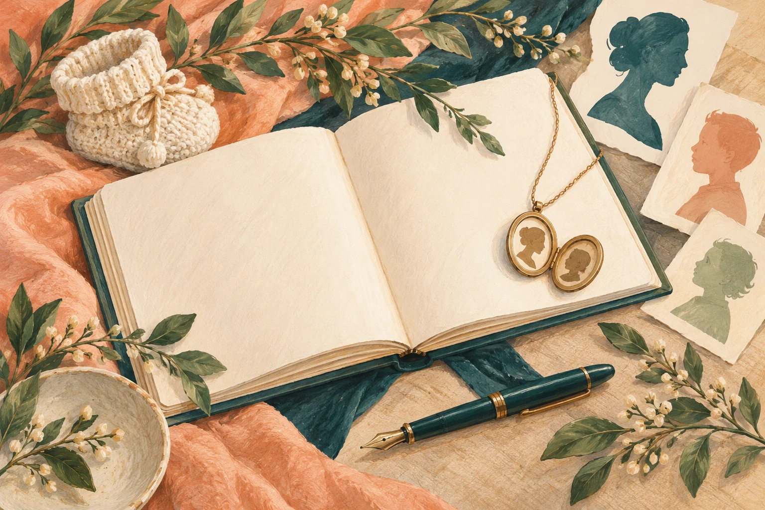 A keepsake book, a small shoe, a locket, and paper portraits in a warm illustrated arrangement.
