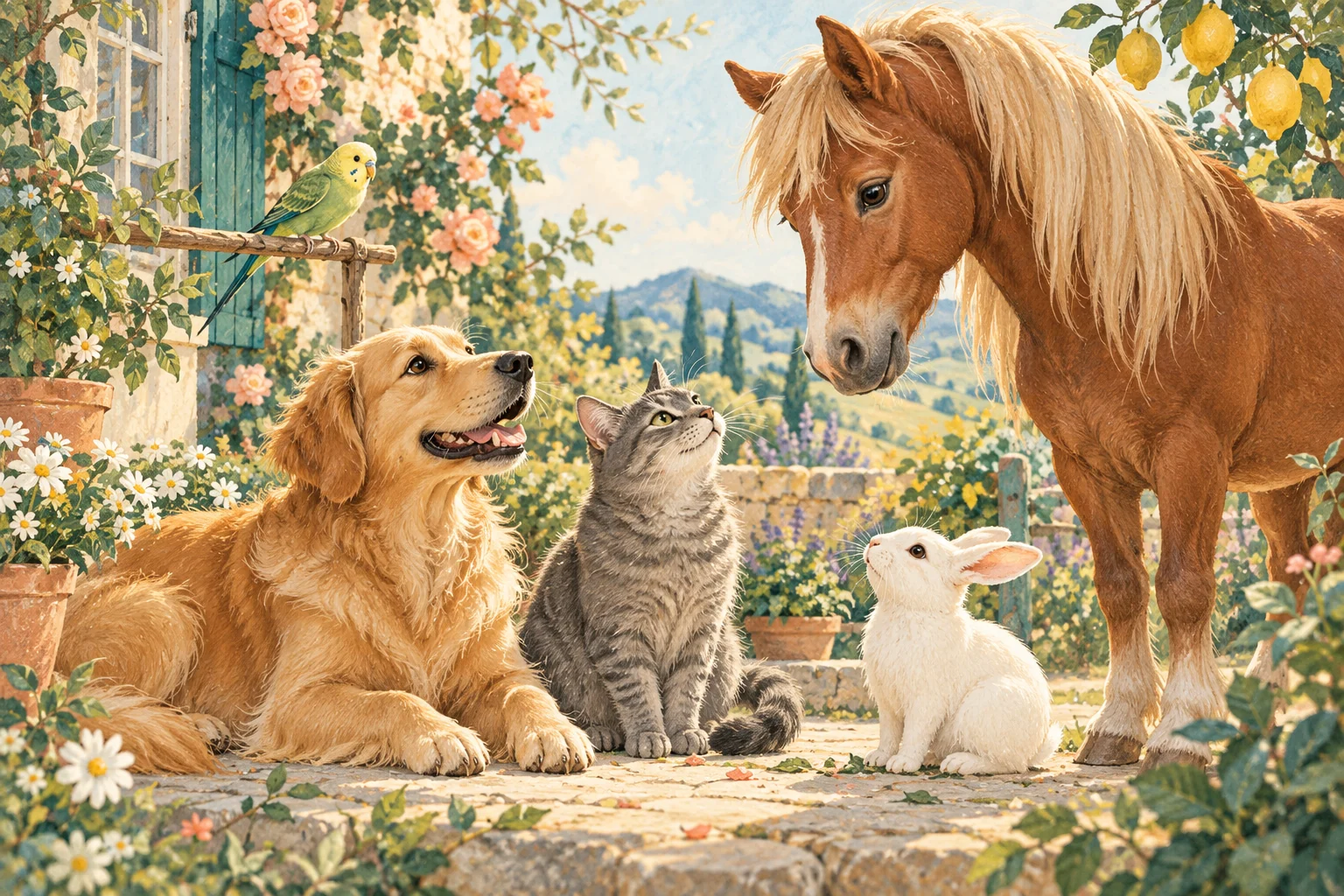 A dog, cat, rabbit, bird, and small pony together in an illustrated garden.