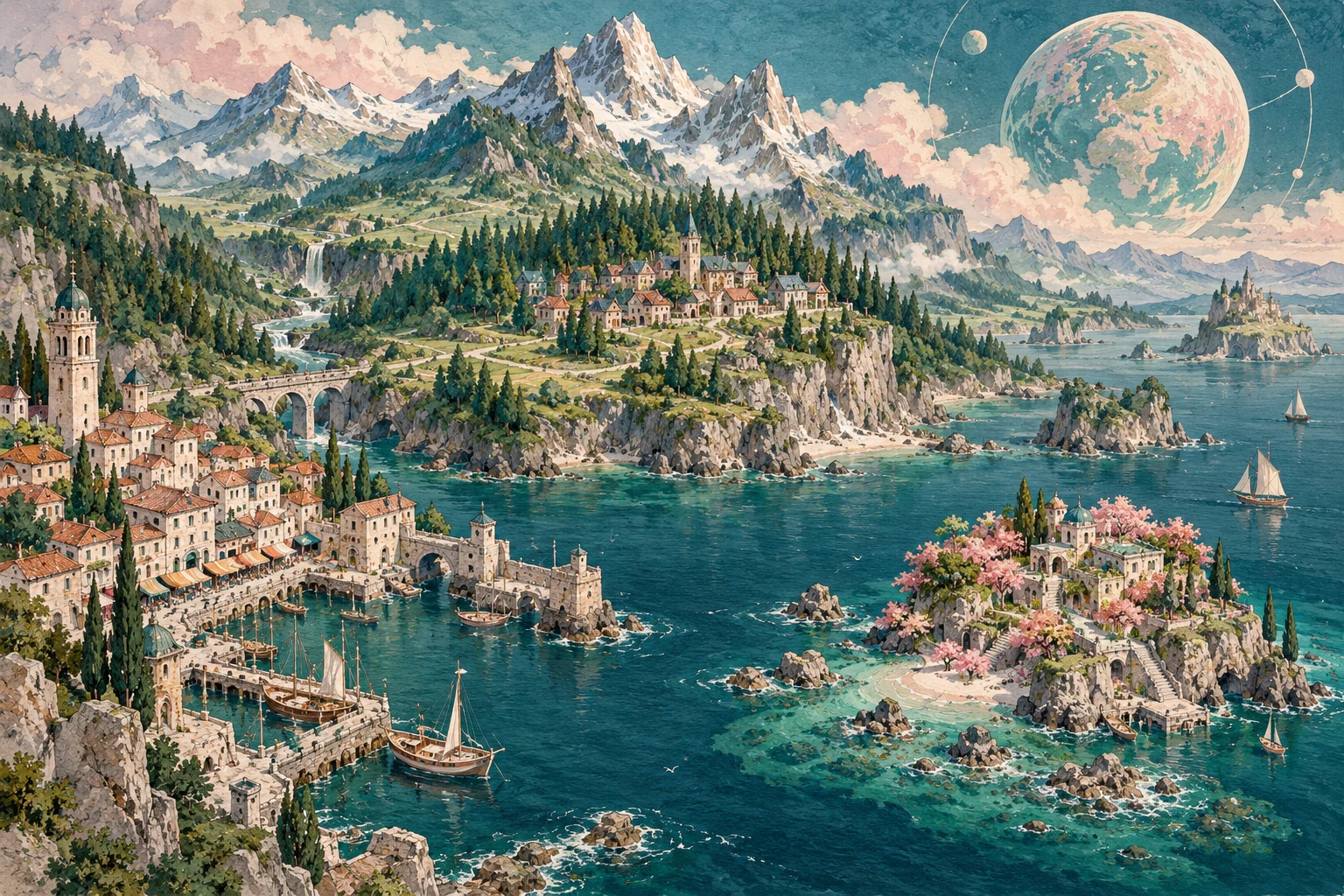 An imagined harbor village beside an island, mountains, and a distant planet.