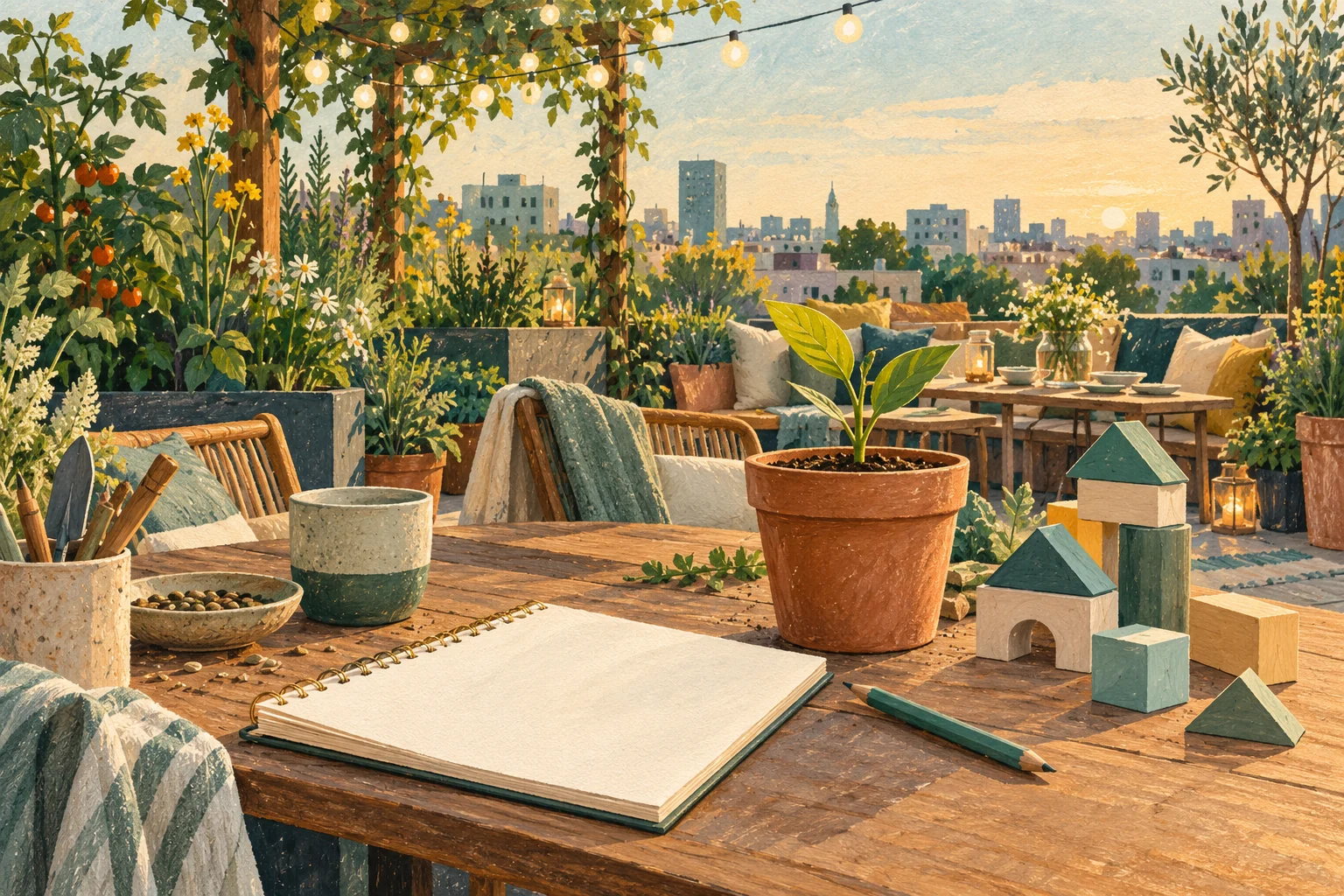 A rooftop community garden with a shared table, growing plants, and a notebook.